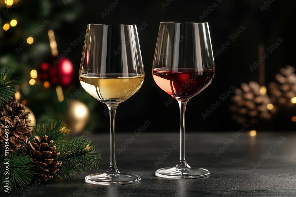 Close up shot of two wine glasses, a white and a red one, in a dark simple setting. Close up shot of two wine glasses, a white and a red one, in a dark simple setting.