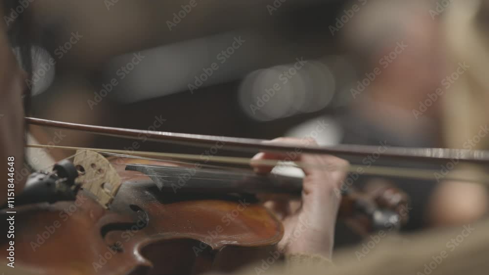A female violin or viola player playing their instrument with a bow during a classical symphony orchestra rehearsal. Nr.1 A female violin or viola player playing their instrument with a bow during a classical symphony orchestra rehearsal. Nr.1