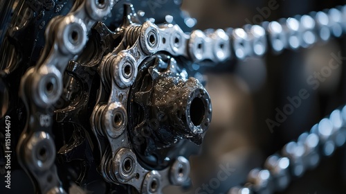 Close-up of a bicycle chain and gear, showcasing intricate details and mechanical precision, perfect for cycling and engineering themes. photo