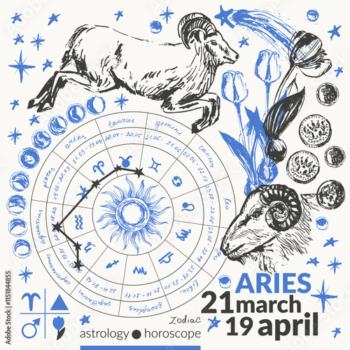 Hand drawn aries zodiac sign illustration, horoscope background with astrology symbols and talismans.