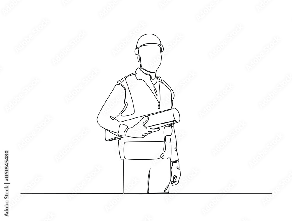 Continuous line drawing art of male engineer holding blueprint paper. Worker with blueprint paper illustration in simple outline design. Editable stroke vector. Continuous line drawing art of male engineer holding blueprint paper. Worker with blueprint paper illustration in simple outline design. Editable stroke vector.