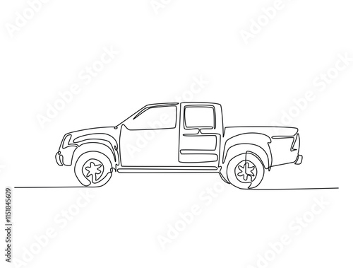 Continuous line drawing art of pickup truck in the road. Pickup car illustration in simple outline design. Editable stroke vector.