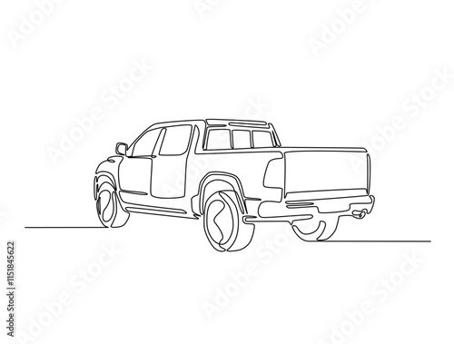 Continuous line drawing art of pickup truck in the road. Pickup car illustration in simple outline design. Editable stroke vector.