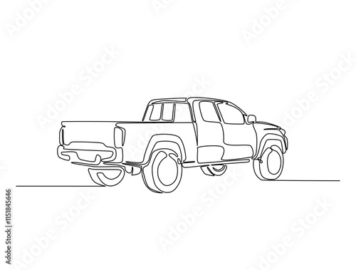 Continuous line drawing art of pickup truck in the road. Pickup car illustration in simple outline design. Editable stroke vector.