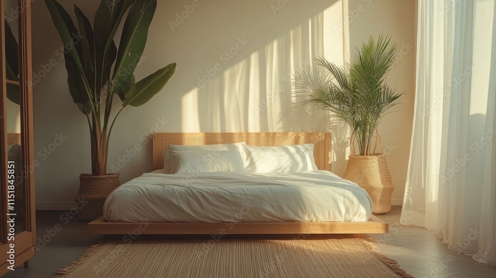 Fototapeta premium Sunlit Bedroom With Wooden Bed And Tropical Plants