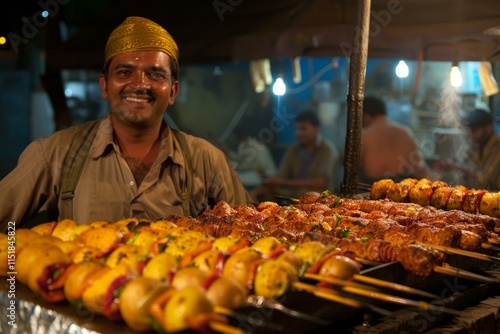 Fototapeta Naklejka Na Ścianę i Meble -  Indian street food vendor smiles while grilling meat and vegetable skewers at a night market, creating a vibrant and enticing culinary scene