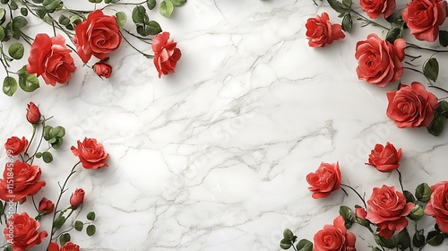 A mockup greeting card with vibrant red roses scattered across a white marble background, evoking a sense of love and elegance for Valentine's Day. photo