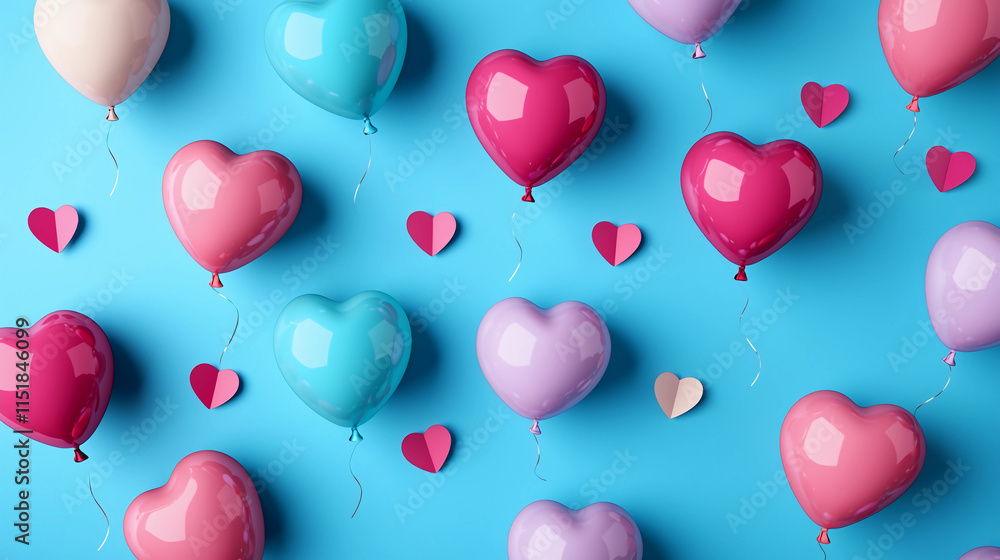Colorful heart-shaped balloons float against a bright blue background, creating a cheerful and festive atmosphere perfect for celebrations. Colorful heart-shaped balloons float against a bright blue background, creating a cheerful and festive atmosphere perfect for celebrations.