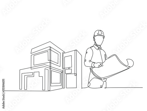 Continuous one line drawing of architect with blueprint paper and modern house real estate. Building and contractor, engineer, worker concept. Editable line vector.