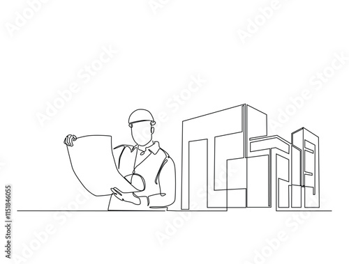 Continuous one line drawing of architect with blueprint paper and modern house real estate. Building and contractor, engineer, worker concept. Editable line vector.