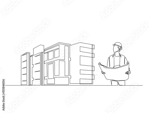 Continuous one line drawing of architect with blueprint paper and modern house real estate. Building and contractor, engineer, worker concept. Editable line vector.