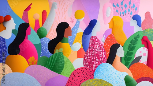 Feminism illustration, silhouettes of women walking forward in unison, pastel tones minimalist yet impactful composition