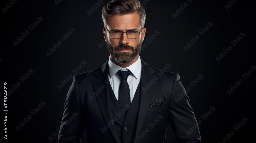 A sharp and focused portrait of a young man with glasses and a beard, his business suit perfectly tailored, standing confidently on a seamless white background A sharp and focused portrait of a young man with glasses and a beard, his business suit perfectly tailored, standing confidently on a seamless white background