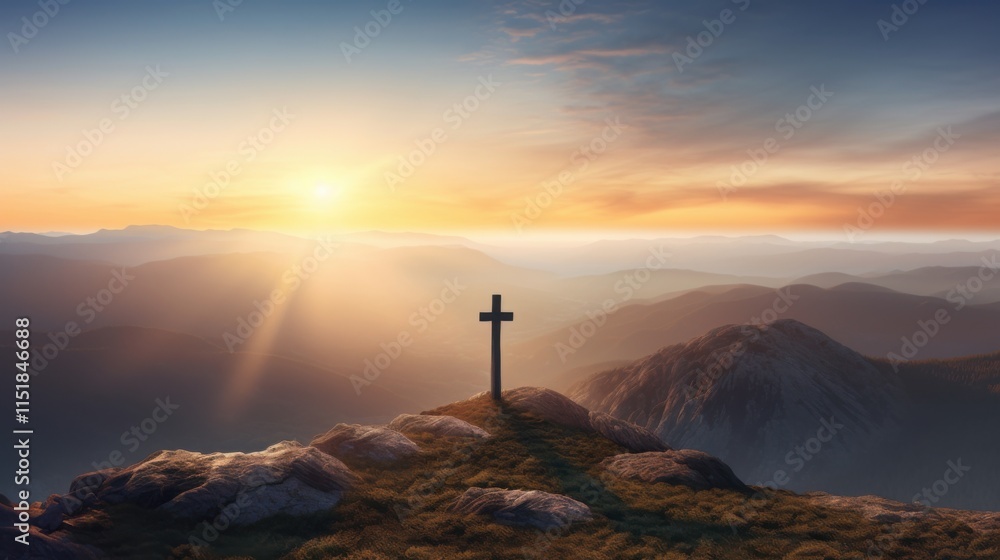 A simple cross on a tranquil mountain top, bathed in warm, golden sunlight at dawn, with the horizon stretching endlessly A simple cross on a tranquil mountain top, bathed in warm, golden sunlight at dawn, with the horizon stretching endlessly
