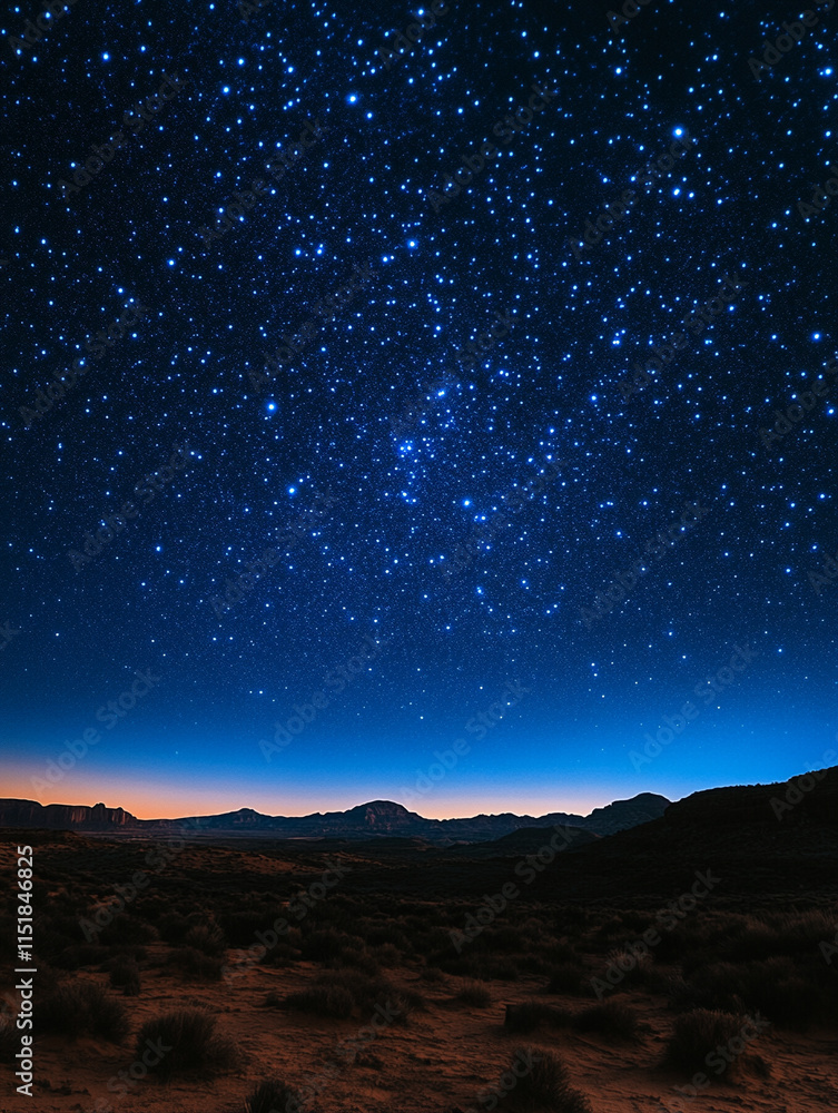 Starry night sky over a desert landscape at dusk Starry night sky over a desert landscape at dusk