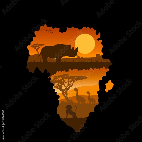 African ethnic tribal fabric pattern showcases safari-style designs featuring rhinos, giraffes, and lions. It beautifully animals the way of life of African wildlife, capturing the of ethnic a stunnin photo