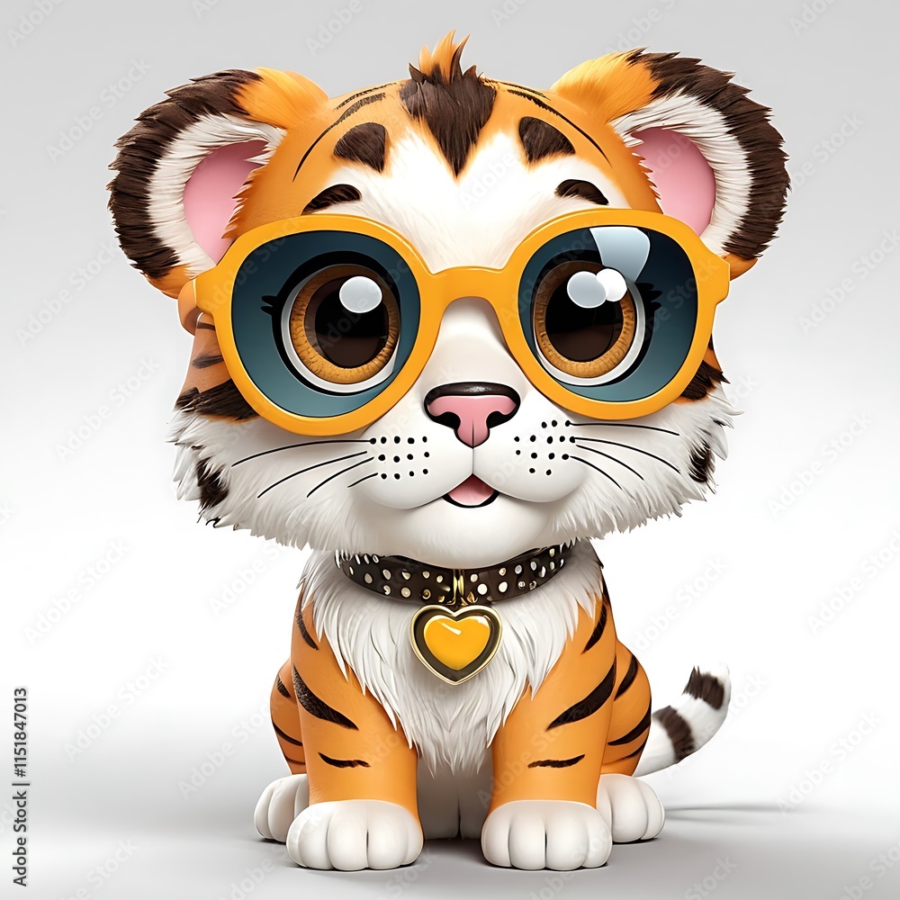 Fototapeta premium A cute and adorable cartoon tiger cub with large eyes, a small nose, and a friendly expression isolated