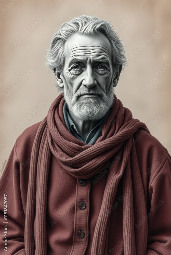 Colorful old man with a scarf in a cozy sweater against a beige background Colorful old man with a scarf in a cozy sweater against a beige background