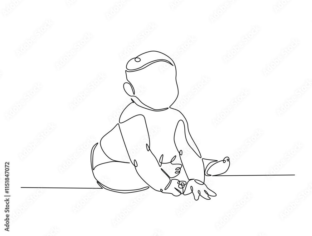 Continuous one line drawing of cute baby boy sitting. Cute toddler child in single line draw vector illustration. Editable line vector. Continuous one line drawing of cute baby boy sitting. Cute toddler child in single line draw vector illustration. Editable line vector.