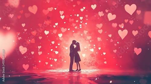 A romantic scene of a couple sharing a kiss under a sky full of floating hearts, with soft pink tones and a glowing red background for a Valentine's Day atmosphere. photo