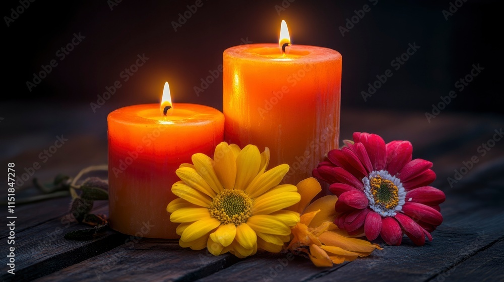 Two Burning Candles Flanked By Yellow And Red Flowers Two Burning Candles Flanked By Yellow And Red Flowers