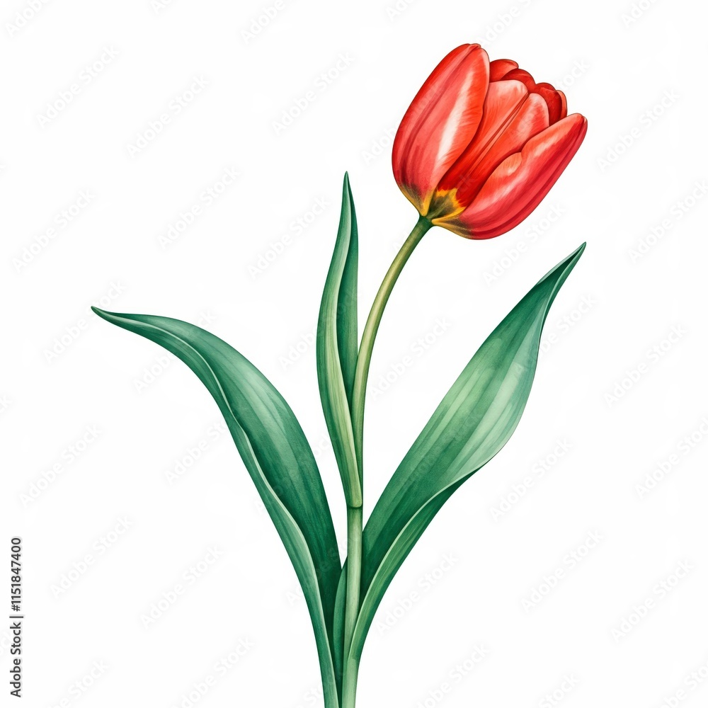Obraz premium Red Tulip Blossom: A delicate red tulip flower with green leaves, blooming in a vibrant spring celebration. 