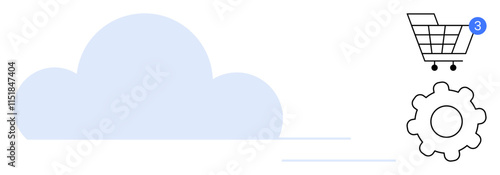 Cloud symbol with blue detailing, shopping cart with three notifications, and gear. Ideal for cloud computing, online shopping, e-commerce, technology services, data management, IT solutions