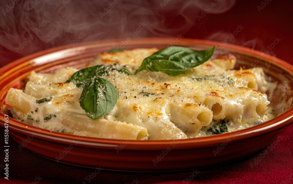 A plate of baked ziti with bubbling cheese and fresh basil, on a rich red background A plate of baked ziti with bubbling cheese and fresh basil, on a rich red background