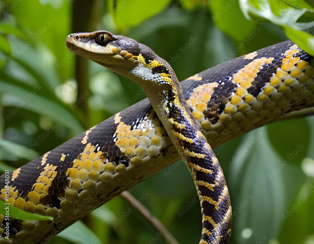 Black and yellow python snake, tree leaves, Summer jungle illustration, Generative Ai