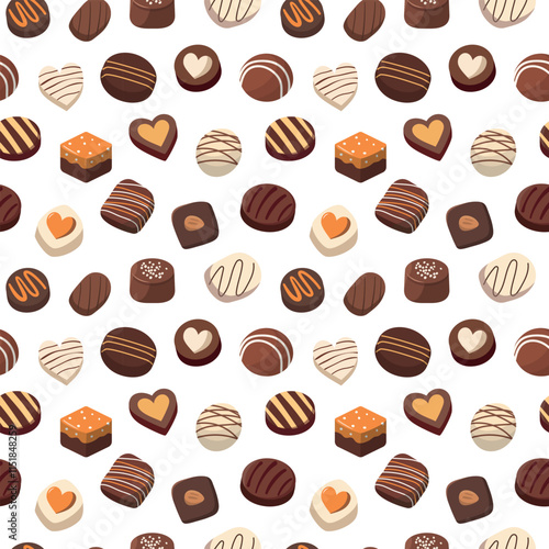 Sweet chocolate candies seamless pattern. Vector set of chocolate sweets and desserts. Isolated on white background.