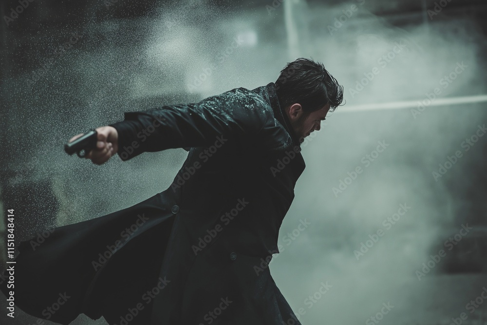 Dynamic Figure in Trench Coat Bending Backwards in Futuristic Cityscape Dynamic Figure in Trench Coat Bending Backwards in Futuristic Cityscape