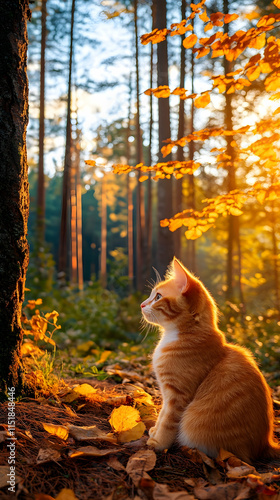 Golden Kitten Autumn Forest Sunset Nature Wallpaper.