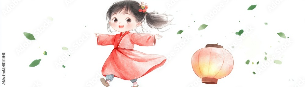 A joyful girl in traditional attire dances with a lantern, surrounded by floating leaves, embodying cultural celebration and happiness. A joyful girl in traditional attire dances with a lantern, surrounded by floating leaves, embodying cultural celebration and happiness.