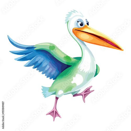 Vector illustration of a cartoon animation of pelican, painted in watercolor, isolated on a white background, pelican animation
