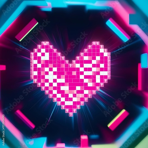 A pixelated heart made of glowing blocks, symbolizing digital affection. The background is a blend of neon colors and abstract shapes, representing the digital age’s influence on love and connection photo