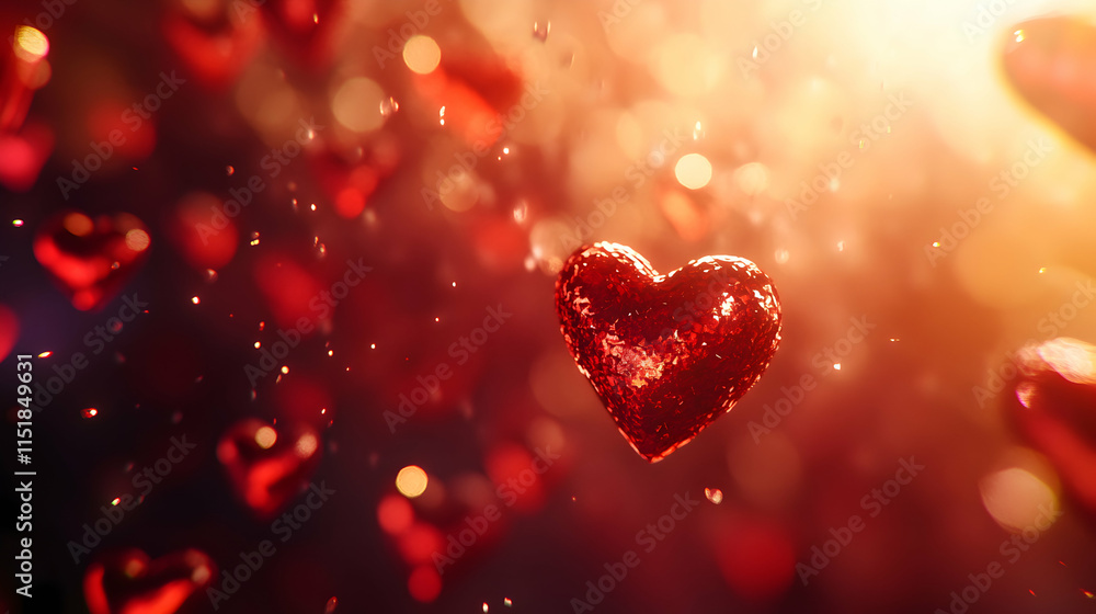Glittering red hearts floating in a dreamy, warm light background. Glittering red hearts floating in a dreamy, warm light background.