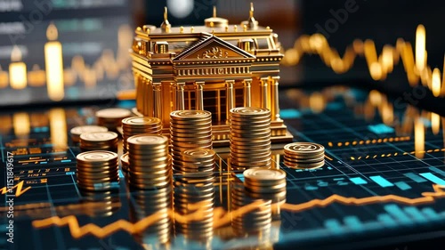 Gold coins and a bank model illustrate finance concepts and market trends in a dynamic investment environment