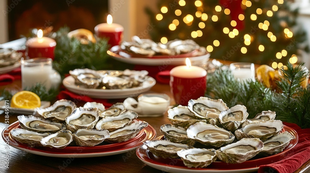Festive Christmas Oyster Feast On Table Festive Christmas Oyster Feast On Table