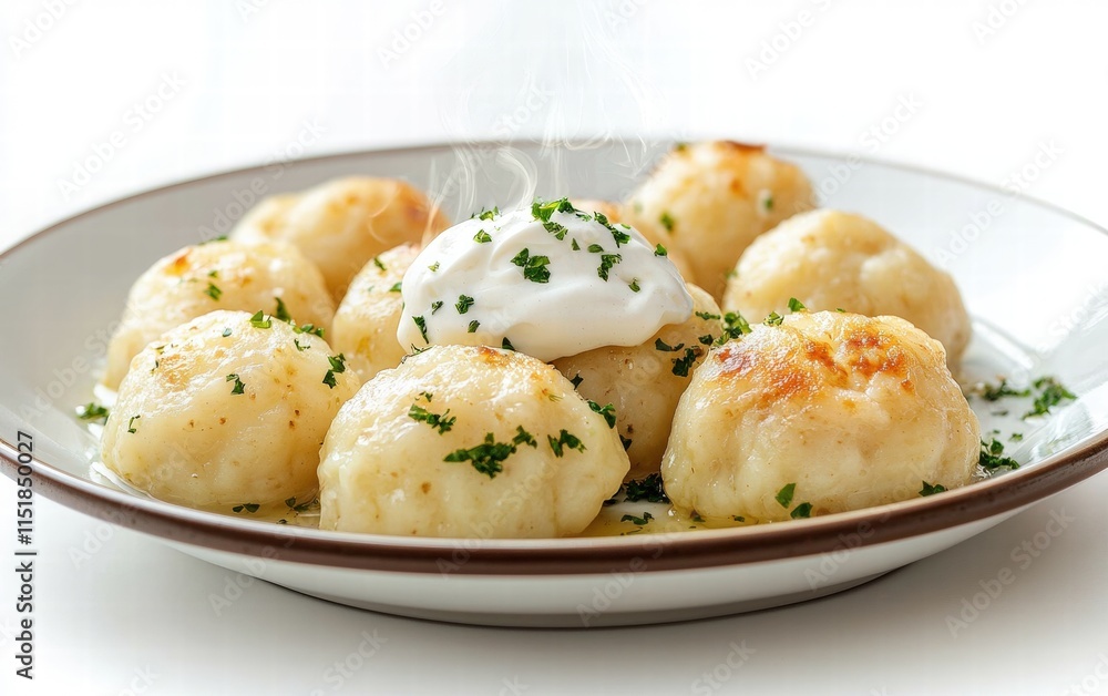 A plate of steaming potato dumplings with a dollop of sour cream, isolated on a bright white background A plate of steaming potato dumplings with a dollop of sour cream, isolated on a bright white background
