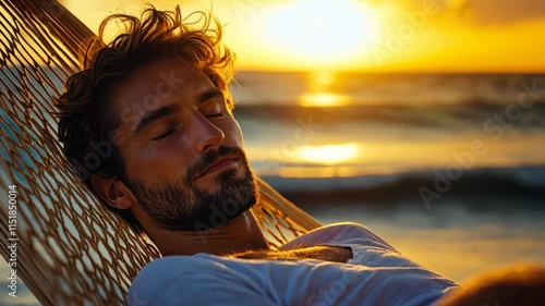 Man reclines in hammock at beach while the sun sets, creating a peaceful atmosphere by the waves
