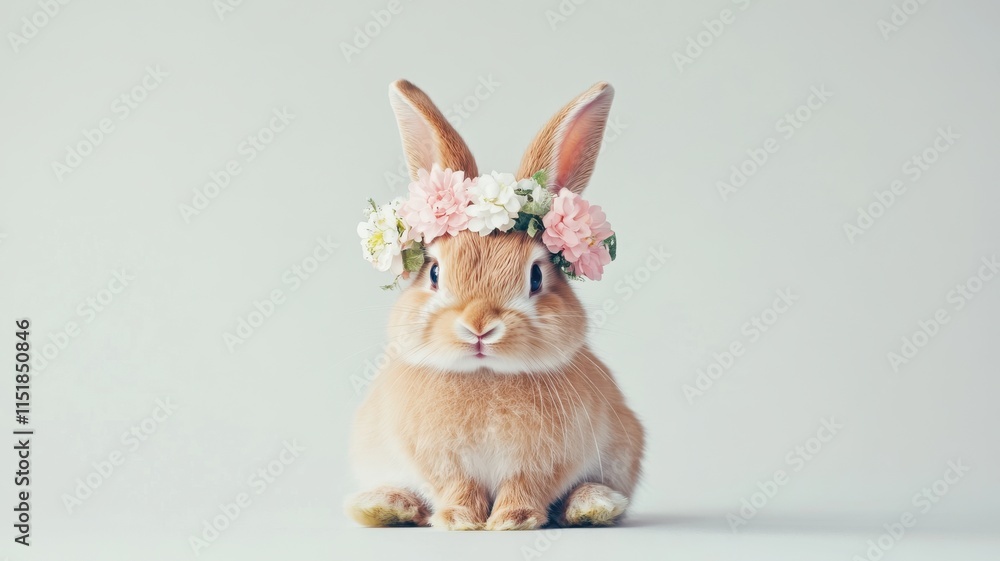 Obraz premium Cute rabbit in floral crown with pastel flowers, playful Easter spirit. Easter