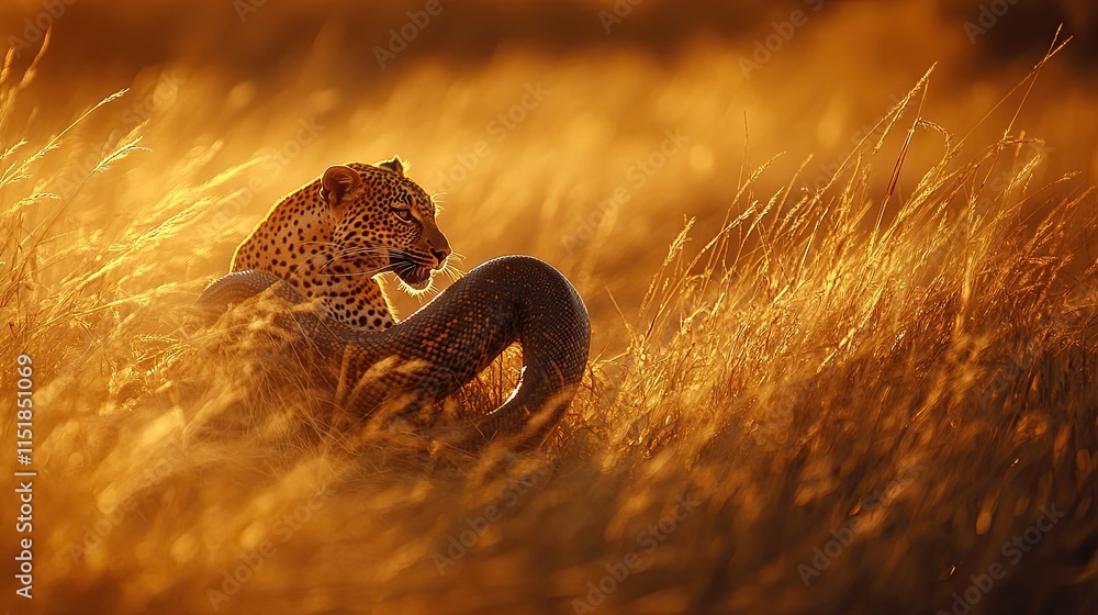 Obraz premium Leopard and Python Resting in Golden Grassland