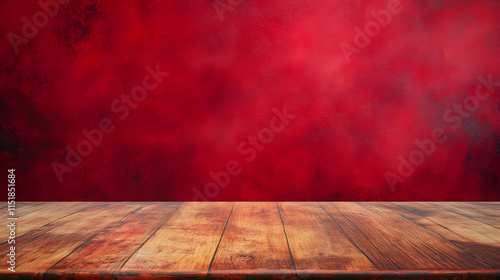 A wooden table in front of a textured red background.