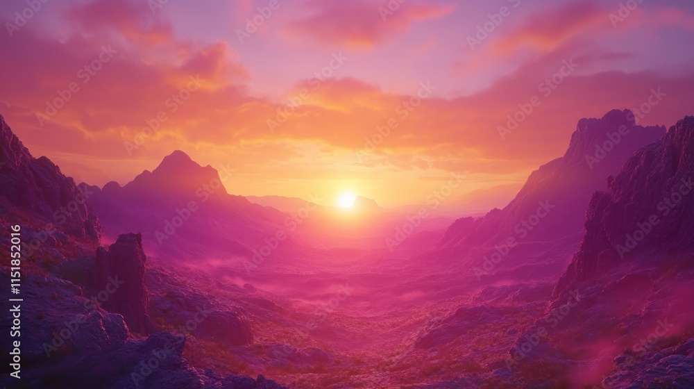 Fototapeta premium Vibrant sunset over purple mountains and valley.