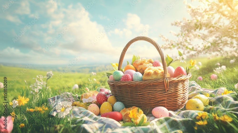 Easter eggs and pastries in picnic basket, serene meadow celebration. Easter Easter eggs and pastries in picnic basket, serene meadow celebration. Easter