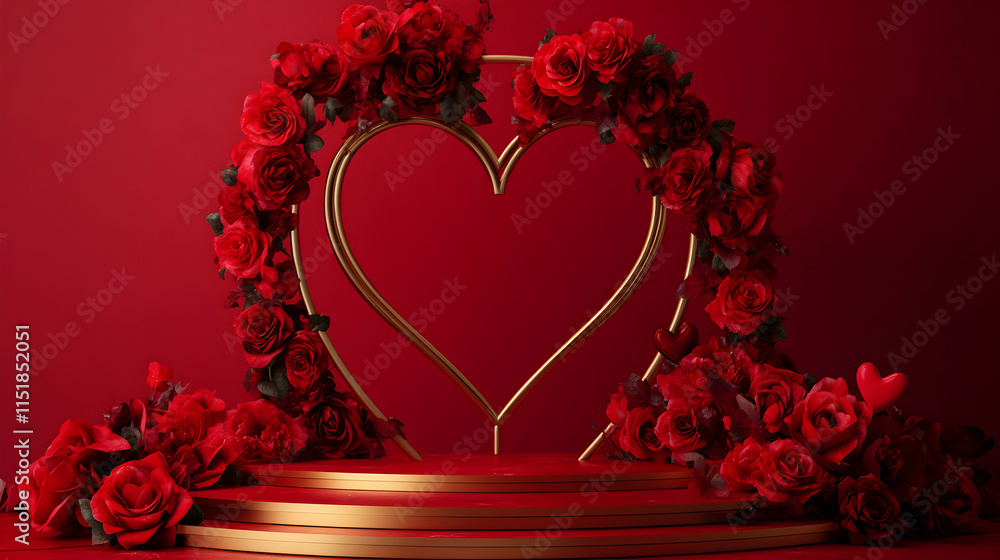 A romantic heart-shaped floral arrangement on a red background. A romantic heart-shaped floral arrangement on a red background.