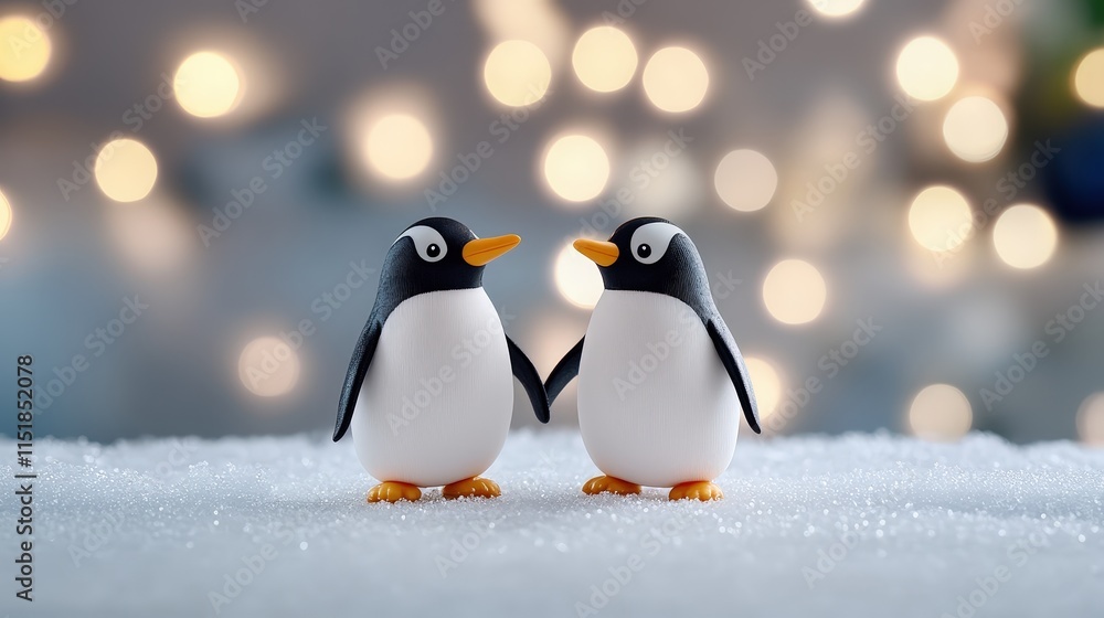 Fototapeta premium Cute Pair of Penguins Holding Flippers on Icy Surface with Bokeh Lights in Background for Charming Winter Scene