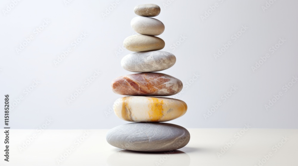 A tranquil arrangement of natural stones, stacked in ascending order of size, their earthy patterns highlighted against a bright white background A tranquil arrangement of natural stones, stacked in ascending order of size, their earthy patterns highlighted against a bright white background