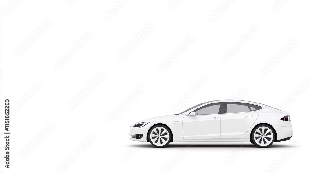 Fototapeta premium A sleek, modern white electric car is shown in profile against a minimalistic white background.