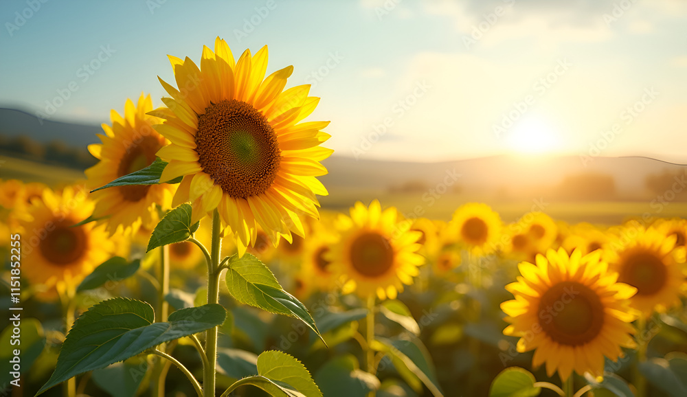 A field of sunflowers with the sun setting in the background.
A field of sunflowers with the sun setting in the background.